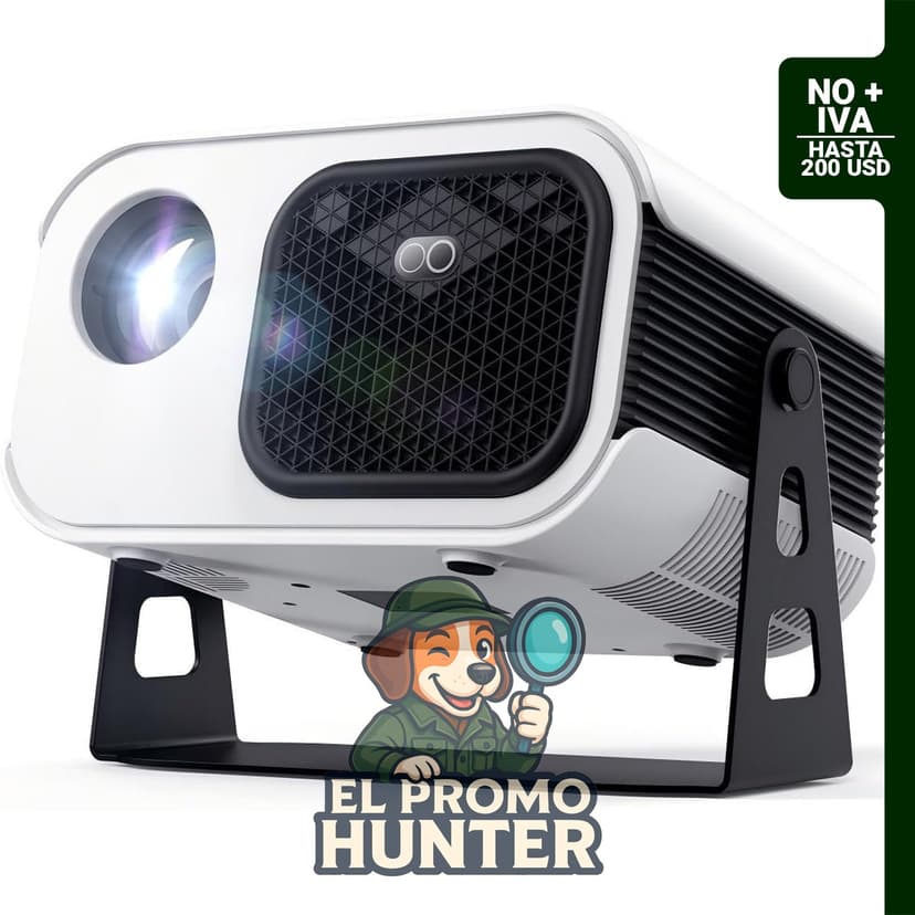 Mini proyector portátil con soporte giratorio de 270°, enfoque eléctrico y Keystone vertical, compatible con WiFi y Bluetooth.