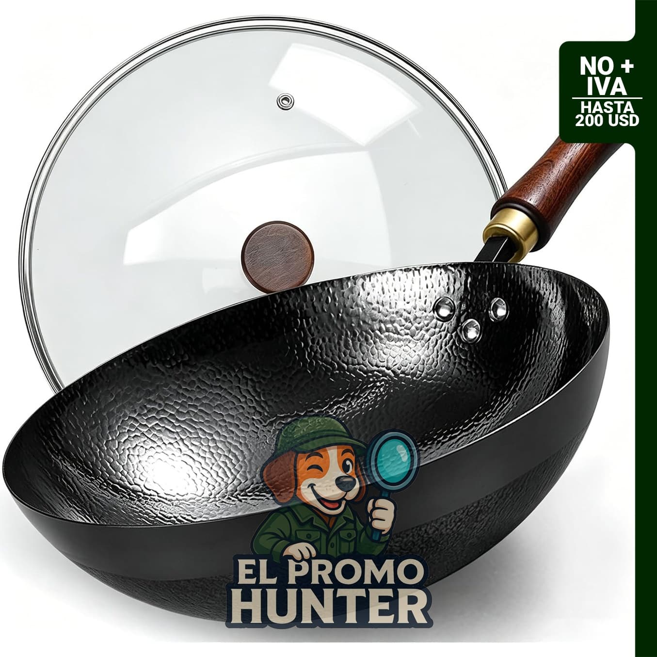 Wok de acero al carbono de 12.6" (32 cm), presazonado y antiadherente, incluye tapa de vidrio.