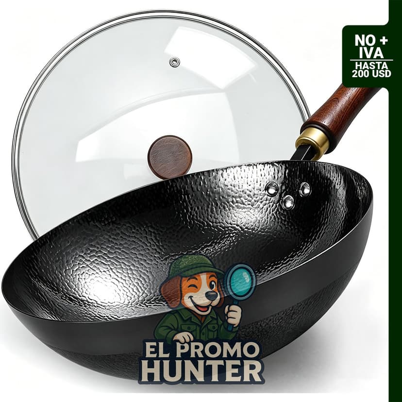 Wok de acero al carbono de 12.6" (32 cm), presazonado y antiadherente, incluye tapa de vidrio.