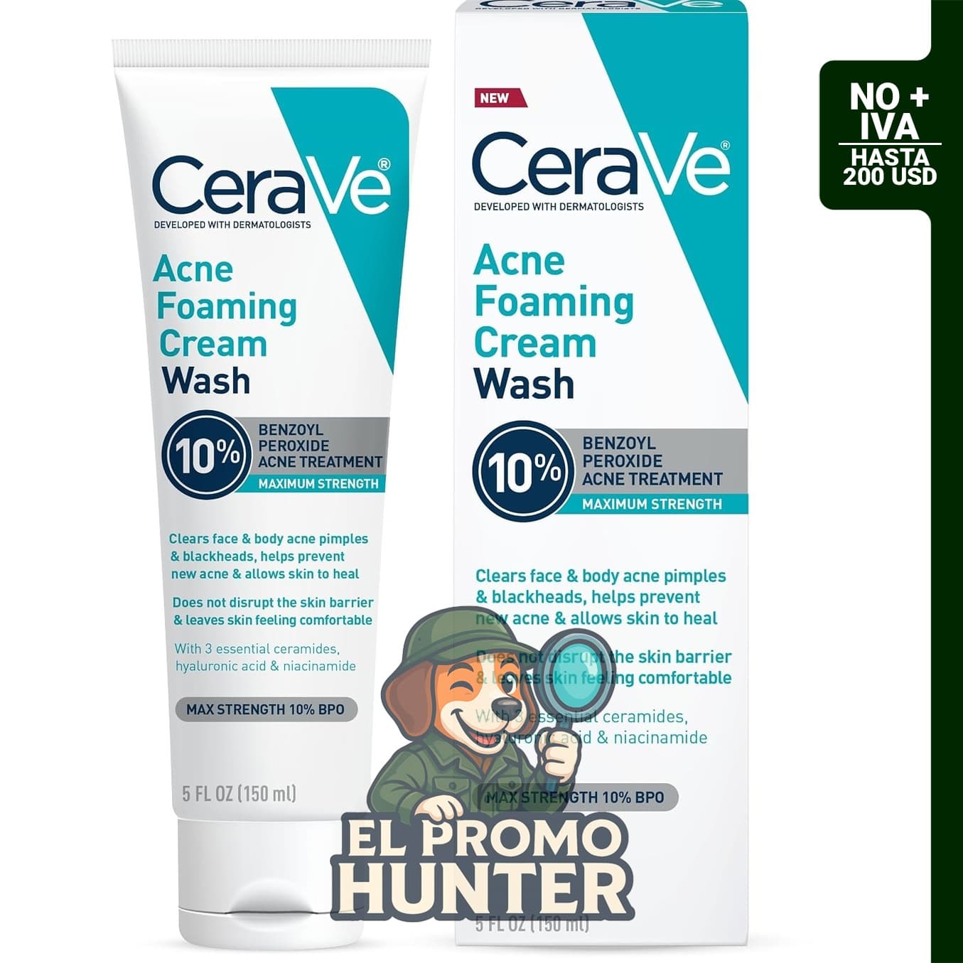 CeraVe Crema Espumosa Limpiadora para el Acné, con Peróxido de Benzoilo al 10%, Ácido Hialurónico y Niacinamida.