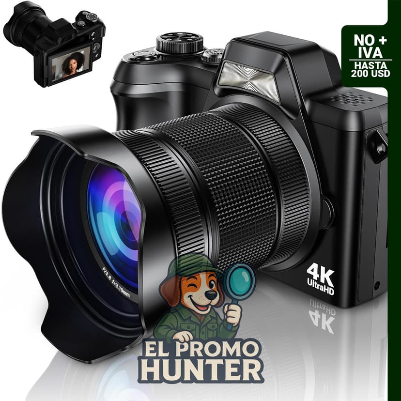 Cámara digital Krlun 4K de 56 MP con pantalla abatible de 3" y zoom de 16X.