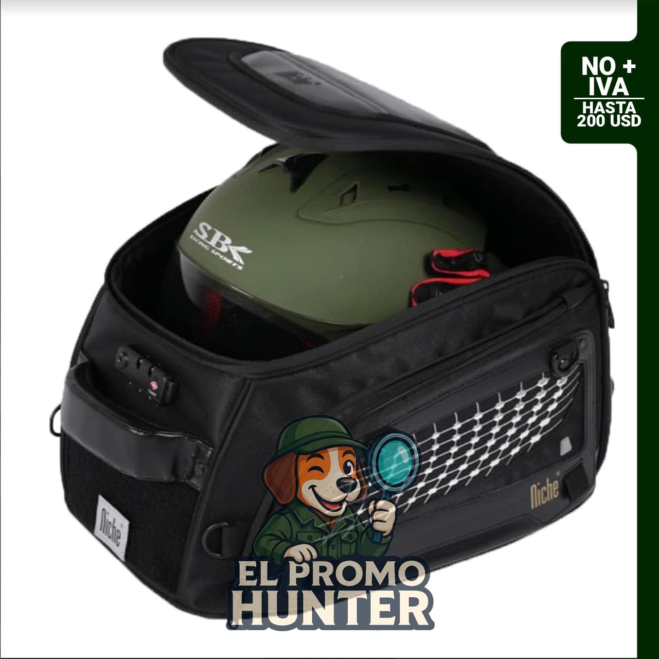Bolsa de cola para motocicleta Niche, 31L, impermeable, con cerradura TSA y correas ajustables.