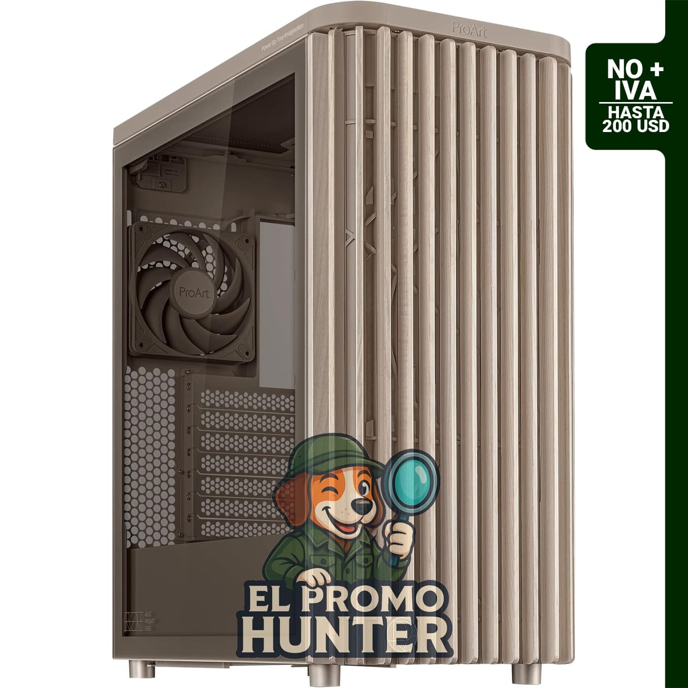 ASUS ProArt PA401 Wood Edition, carcasa ATX beige con panel de vidrio templado, soporta GPU hasta 31.5 cm, radiador de 24 cm, ventiladores de 16 x 3.2 cm.
