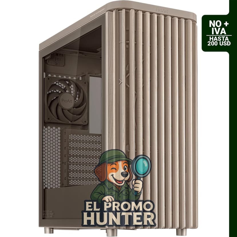 ASUS ProArt PA401 Wood Edition, carcasa ATX beige con panel de vidrio templado, soporta GPU hasta 31.5 cm, radiador de 24 cm, ventiladores de 16 x 3.2 cm.