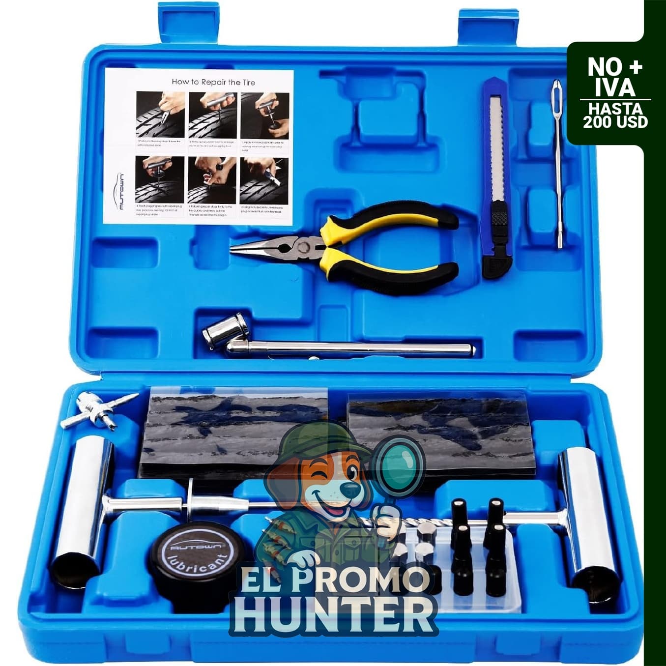 AUTOWN Kit de reparación de neumáticos, 68 piezas con tapones y herramientas universales para fijar pinchazos.