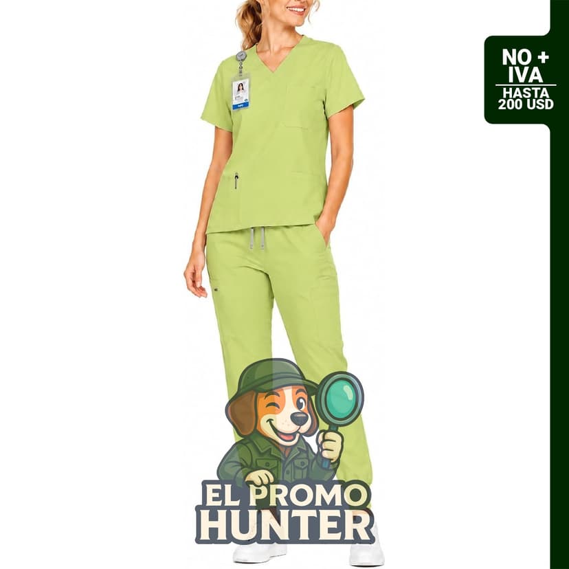 Conjunto de uniformes médicos para mujer, incluye blusa con cuello en V y pantalones deportivos con 12 bolsillos.