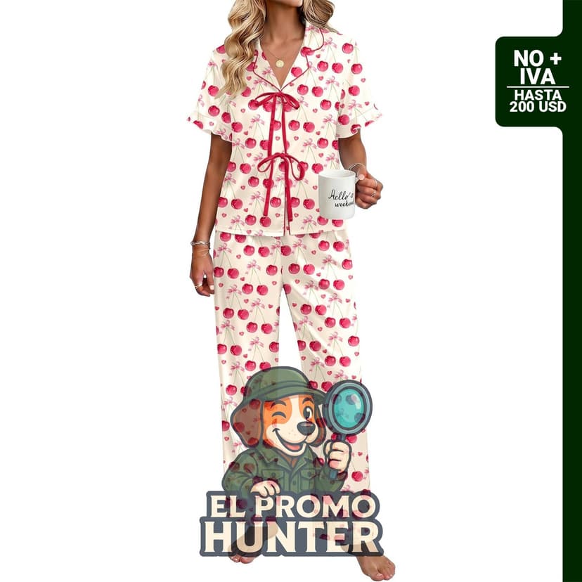 Conjunto de pijama de satén para mujer, incluye blusa con lazo y pantalones con volantes.