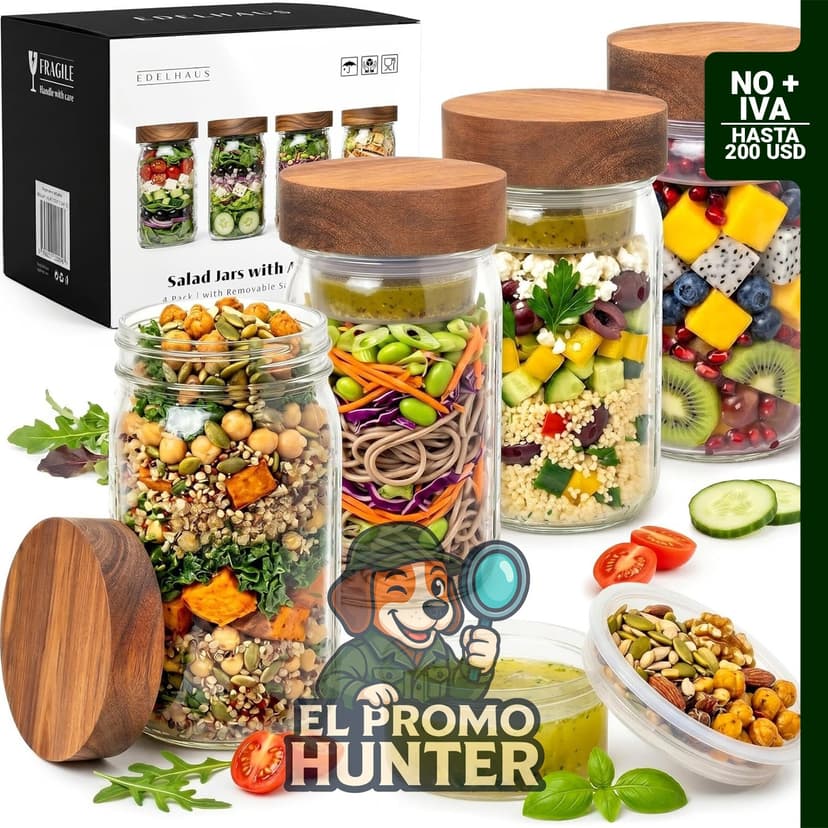 EDELHAUS paquete de 4 tarros de vidrio de 946 ml con tapas de madera, incluye dos tazas pequeñas para separación húmeda/seca.