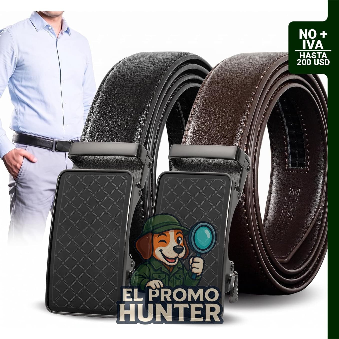 Pack de 2 cinturones de cuero ajustables con deslizador, sin agujeros, para hombre.