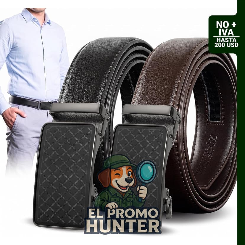 Pack de 2 cinturones de cuero ajustables con deslizador, sin agujeros, para hombre.