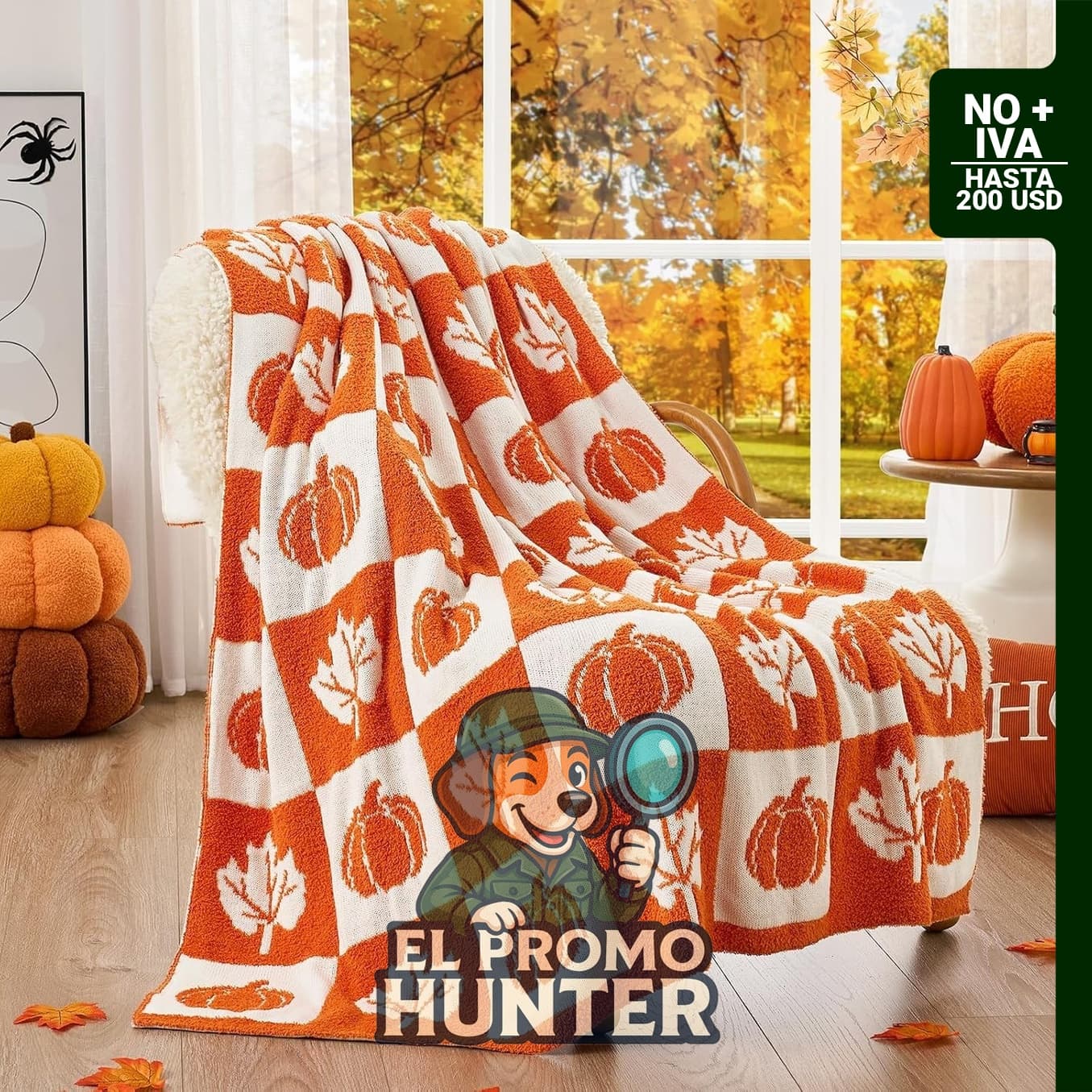 Snuggle Sac Manta Otoñal 127 x 152 cm de microfibra reversible con diseño de hojas de arce y calabaza.