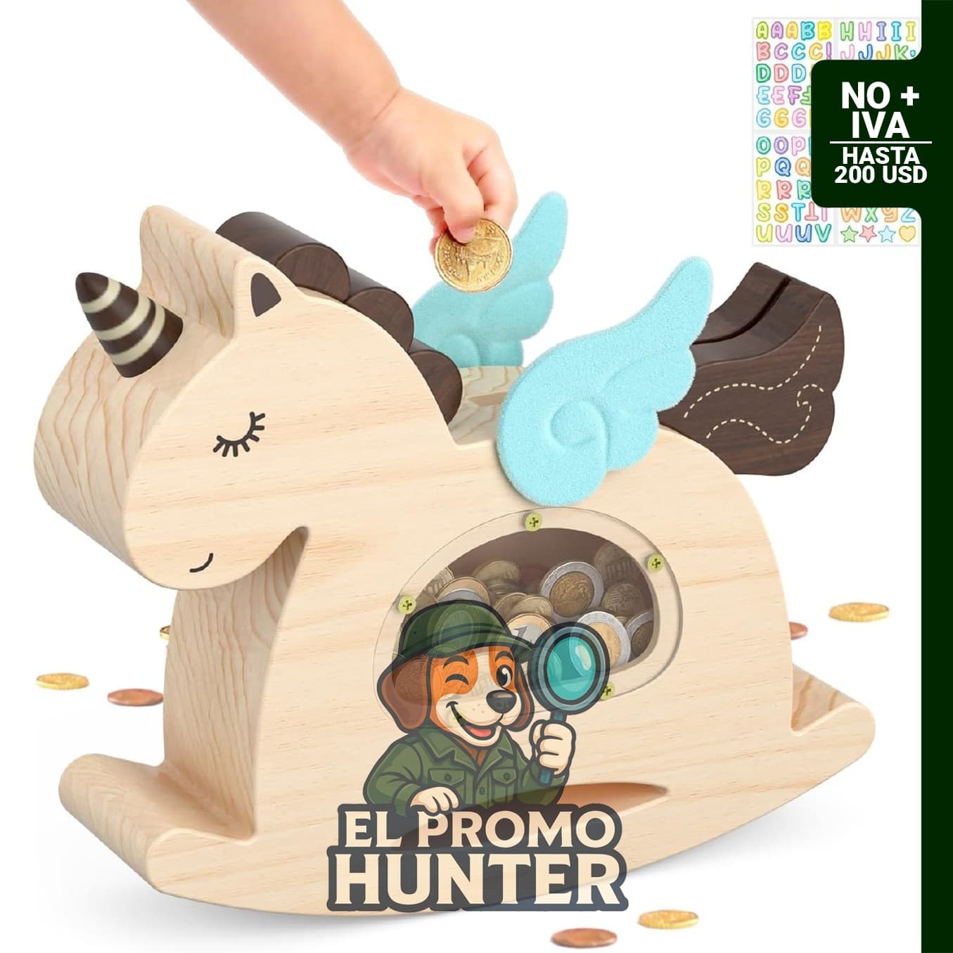 Alcancía de unicornio de madera, caja de ahorro irrompible para niños.