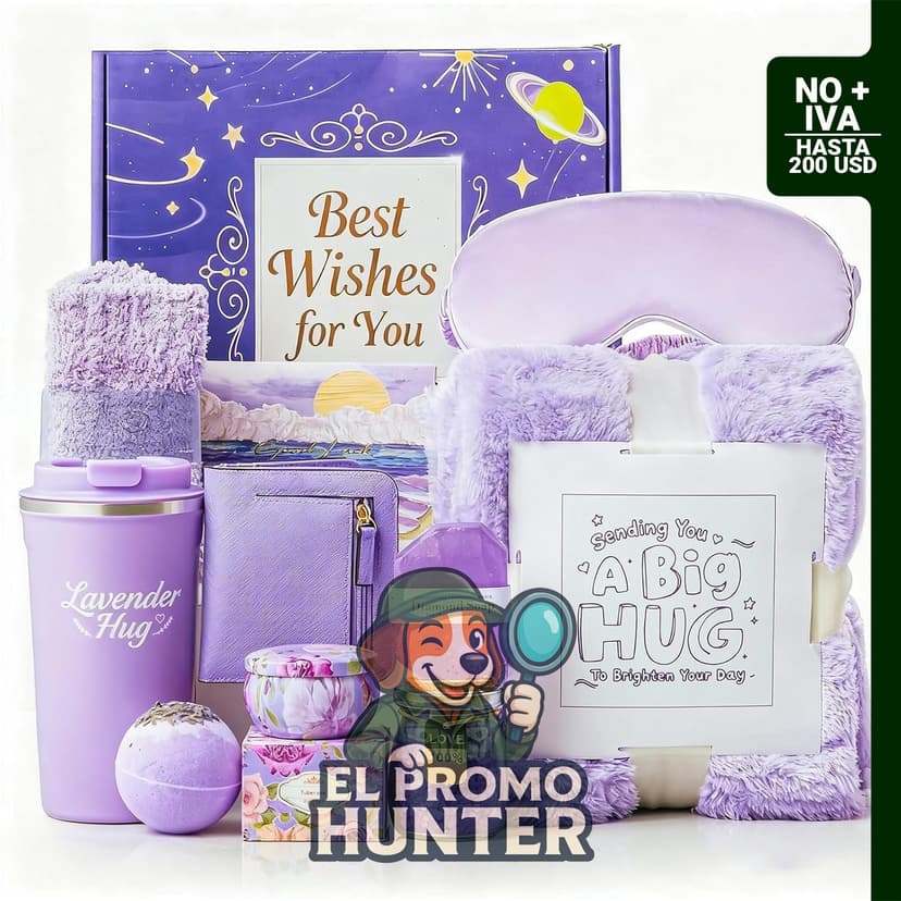 Cesta de regalo con manta de franela y vaso, ideal para autocuidado y recuperación.