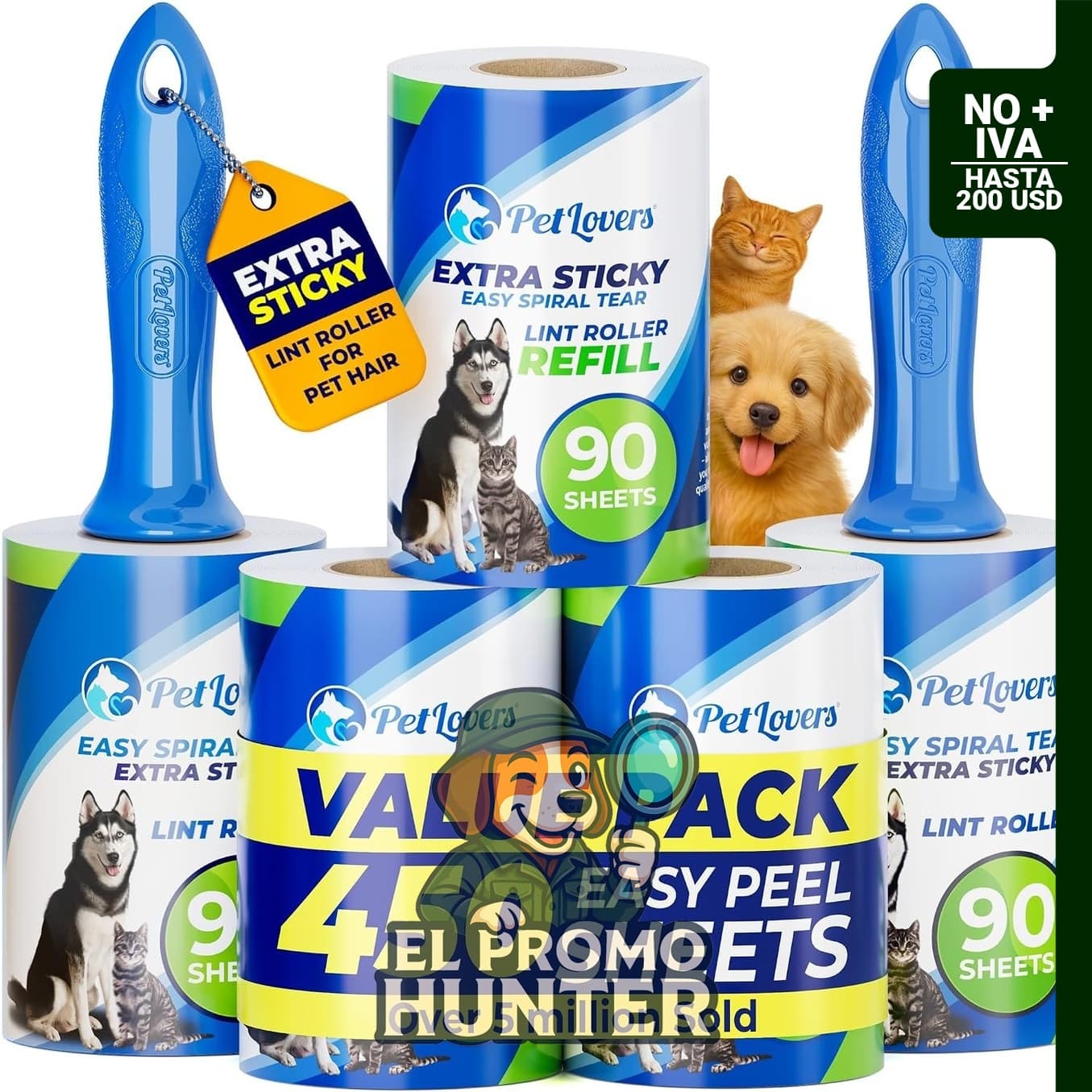 PetLovers Juego de Rodillos Quitapelusas Extra Adhesivos, 450 hojas para eliminar pelo de mascotas.
