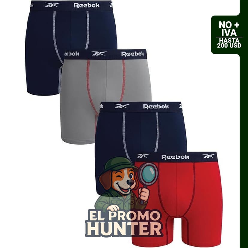 Reebok Calzoncillos tipo bóxer para hombre, paquete de 4 unidades, 15 cm de entrepierna