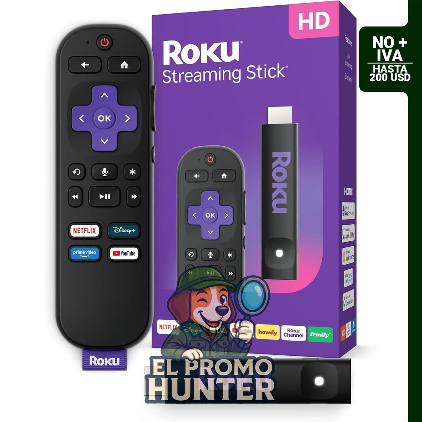 Roku Streaming Stick HD, dispositivo de streaming compacto con control remoto por voz y Wi-Fi de largo alcance.