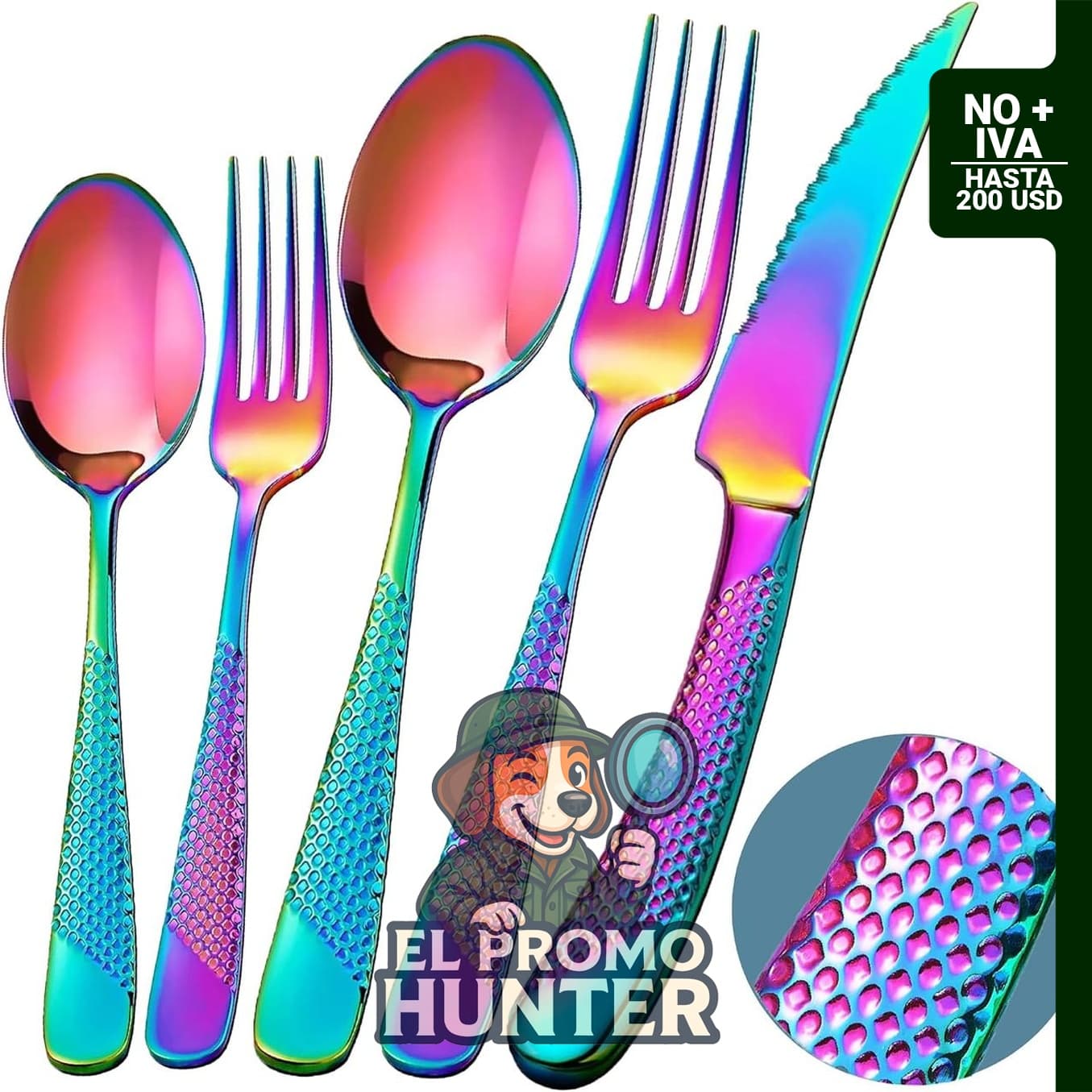Runfly Hammered Rainbow - Juego de cubiertos de acero inoxidable de 20 piezas, incluye tenedores, cuchillos y cucharas.