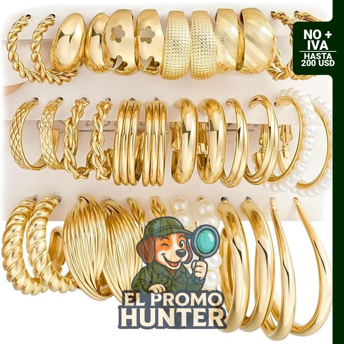 Conjunto de aretes de aro dorados, 18 pares hipoalergénicos con perlas, diseño abierto y grueso.