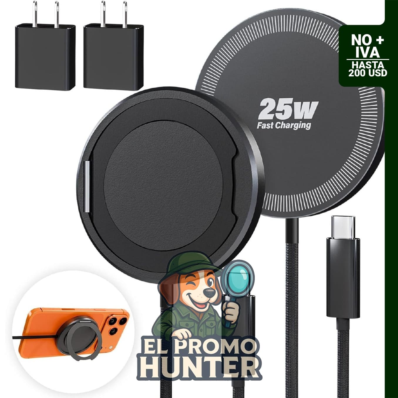 Paquete de 2 cargadores magnéticos inalámbricos de 25 W para iPhone, con soporte y cable de 6 pies.