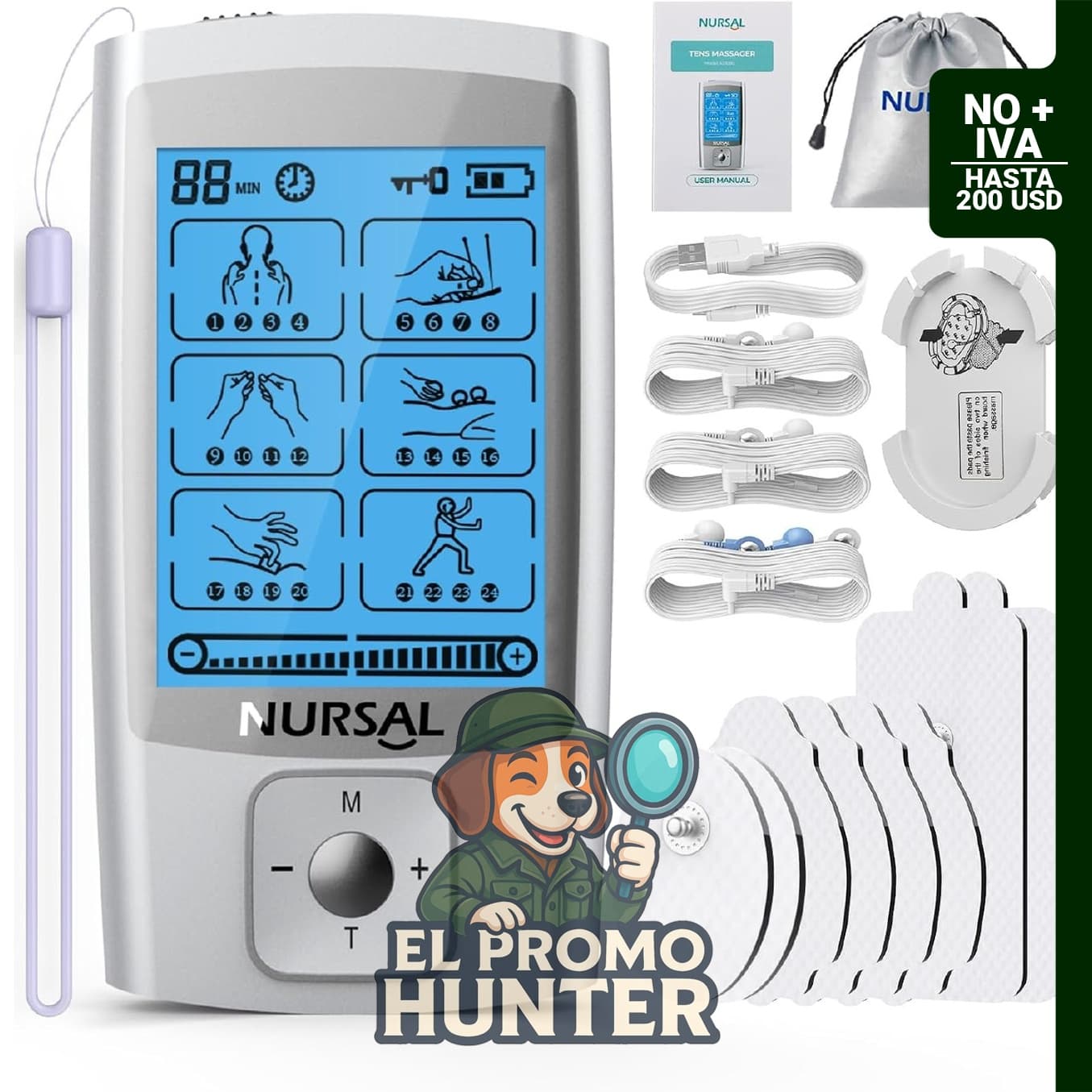 NURSAL Estimulador muscular TENS, 24 modos, 8 almohadillas, recargable, para alivio del dolor en hombros y espalda.