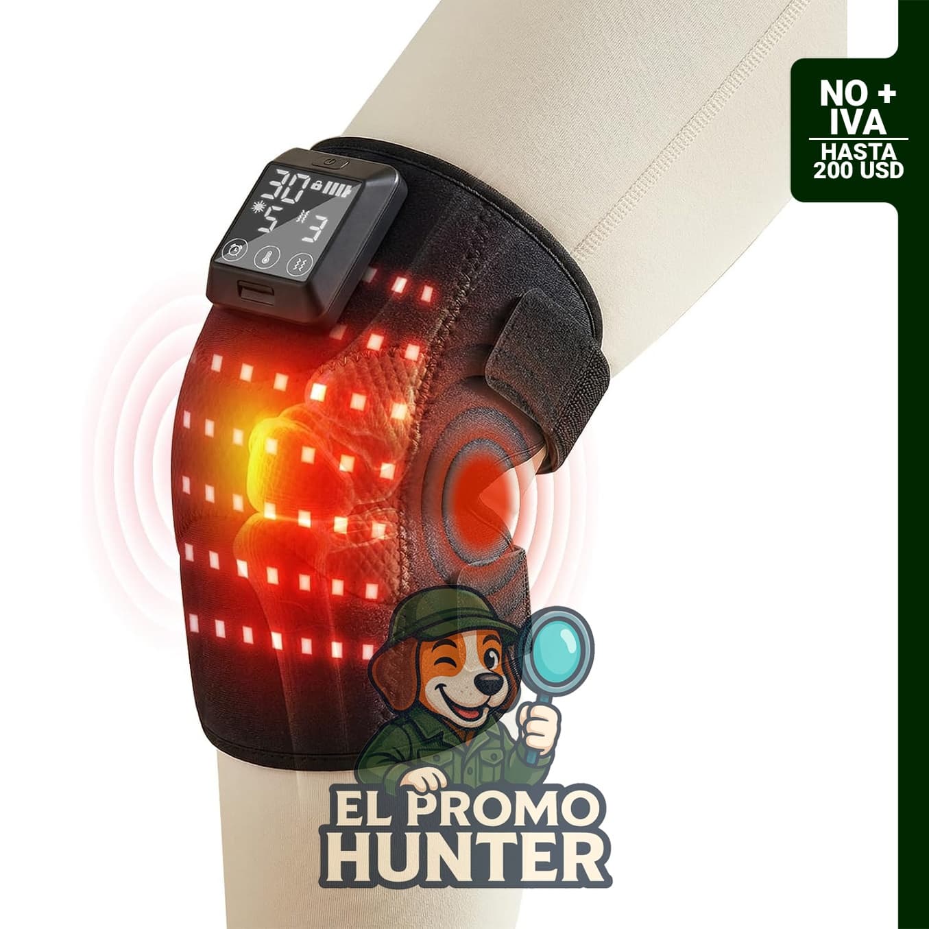 Masajeador de rodilla con terapia de calor y luz roja, 5000 mAh, 6 modos de masaje y longitudes de onda de 660 y 850 nm.