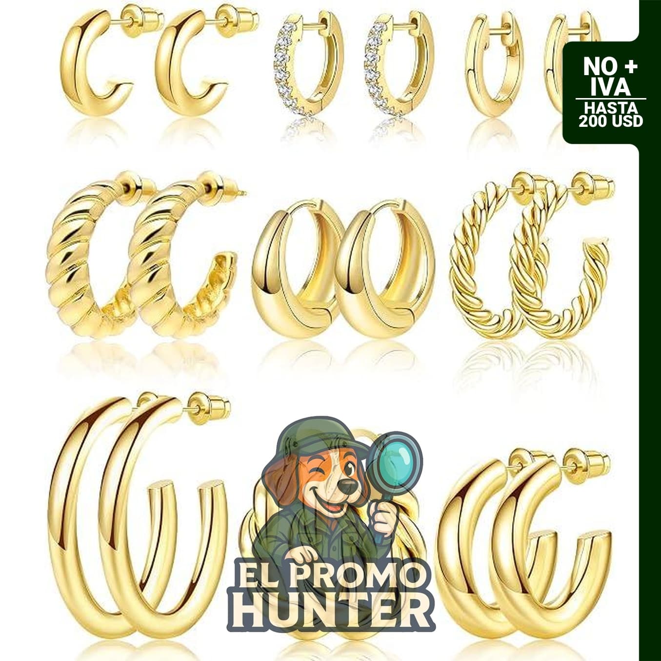 Juego de 9 pares de aretes de aro dorados, huggie, retorcidos, chapados en oro de 14K y 18K para niñas.