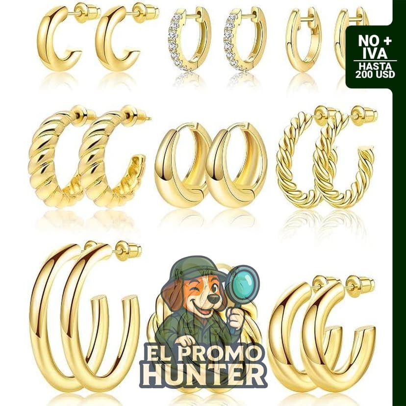 Juego de 9 pares de aretes de aro dorados, huggie, retorcidos, chapados en oro de 14K y 18K para niñas.