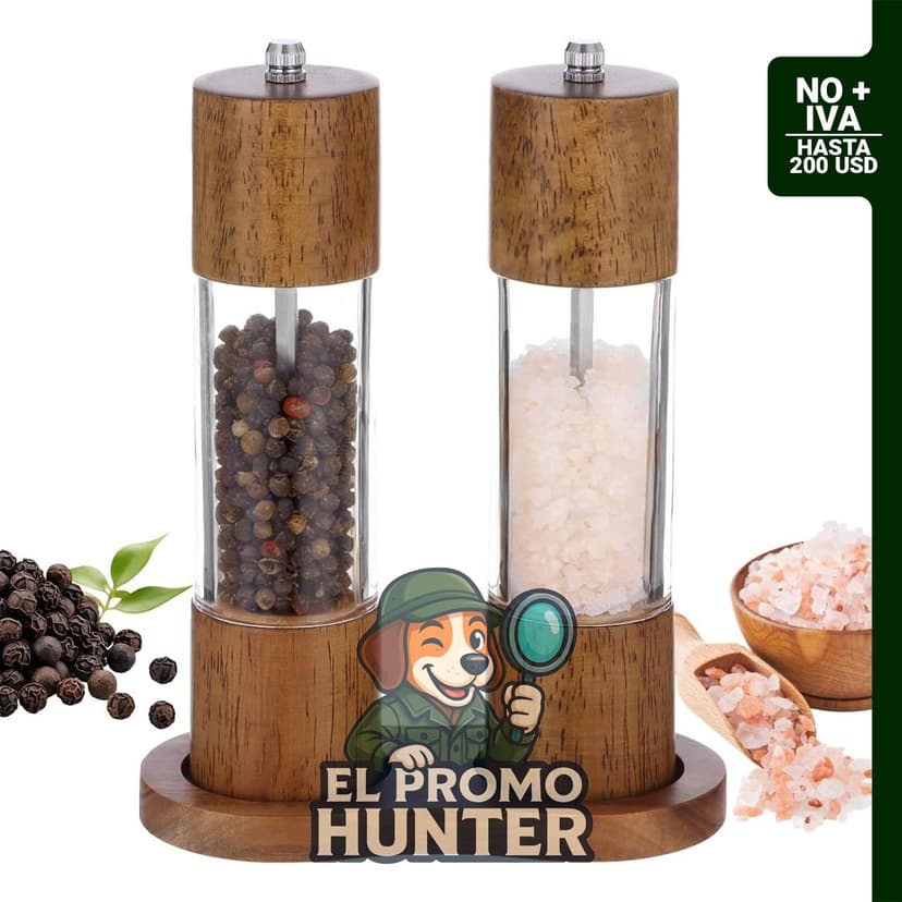 Juego de molinillo de sal y pimienta de madera de acacia, incluye 2 saleros y pimenteros de 21.6 cm, base de madera.