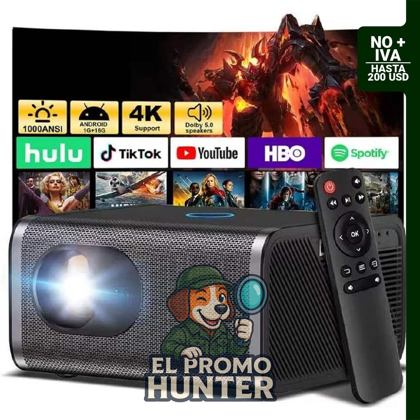 Proyector inteligente nativo 1080P con soporte 4K y 1000 ANSI, autoenfoque.