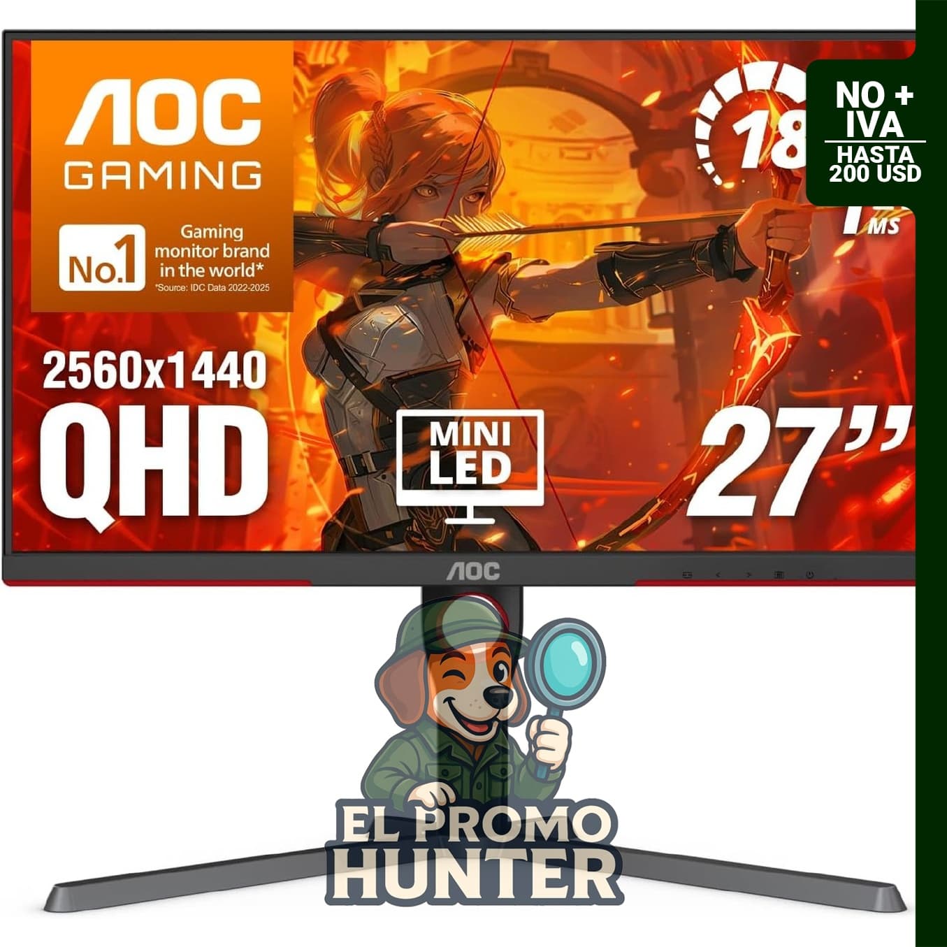 AOC Q27G3XMN - Monitor QHD de 27", 2560x1440, Mini LED, 180Hz, 1ms GtG, HDR 1000, sRGB 137.5%