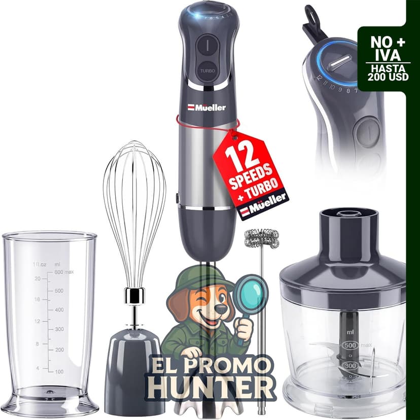 Mueller Multistick - Licuadora de inmersión 5 en 1 con 12 velocidades, motor de cobre y cuchillas de titanio.