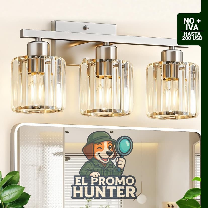 GOLSPARK Lámpara de baño de 3 luces con acabado níquel cepillado y cristal.