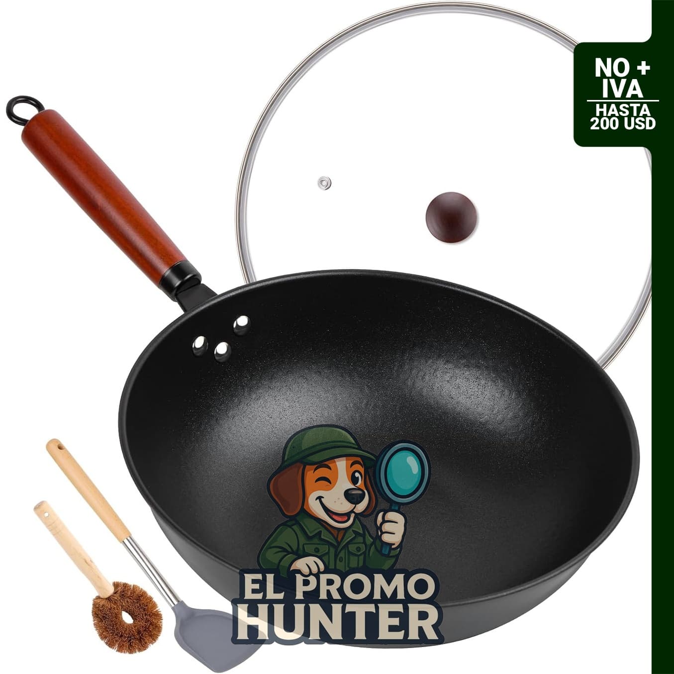 Wok de acero al carbono de 33 cm (13 pulgadas) con tapa de vidrio, antiadherente.