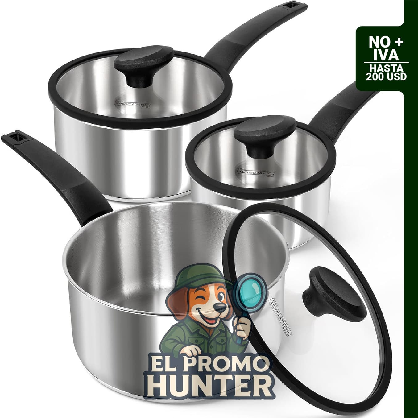 Juego de cacerolas de acero inoxidable de 1, 2 y 3 cuartos de galón, con tapa y mango de baquelita.