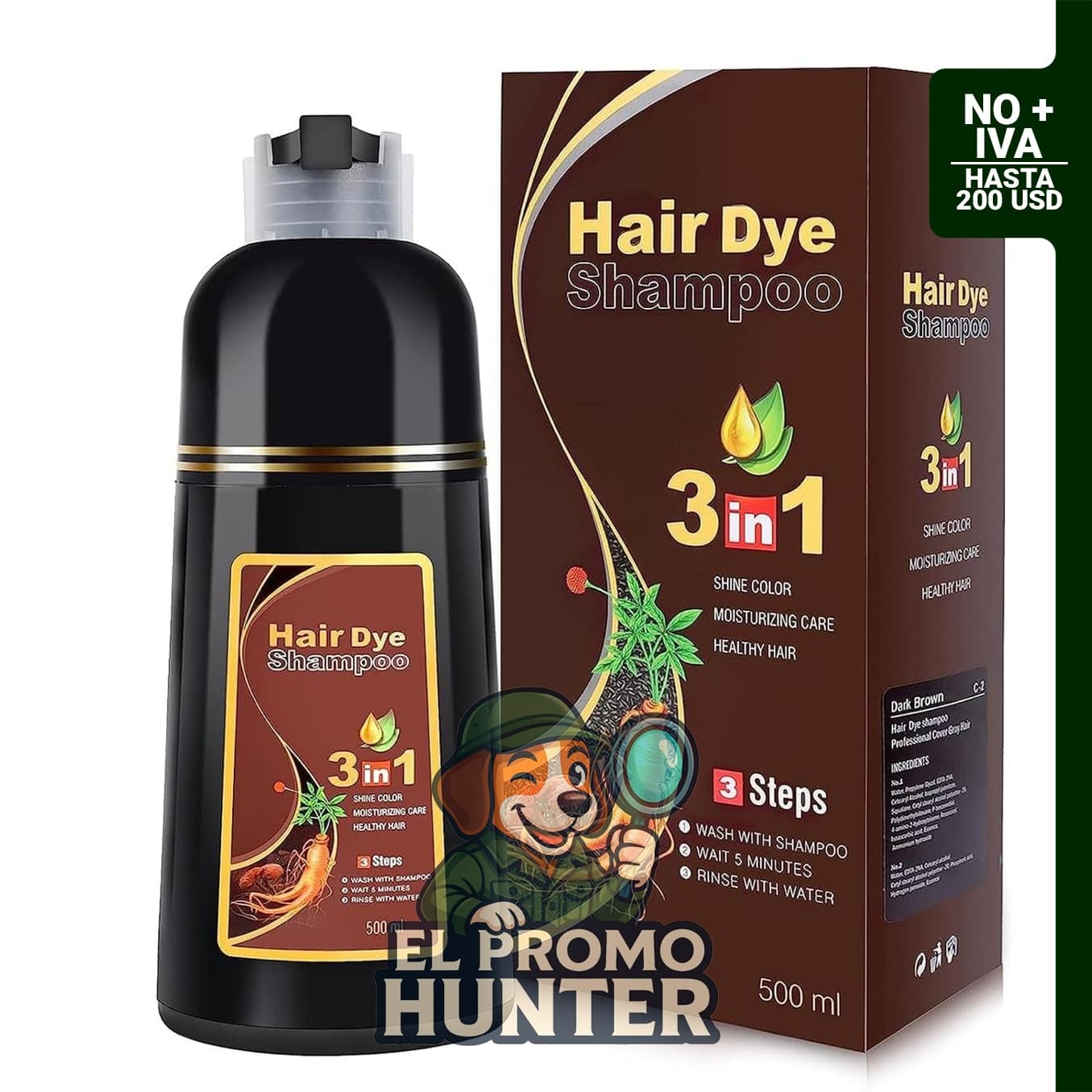 IIIMEIDU MEIDU Champú para teñir el cabello marrón oscuro 3 en 1, 500 mL