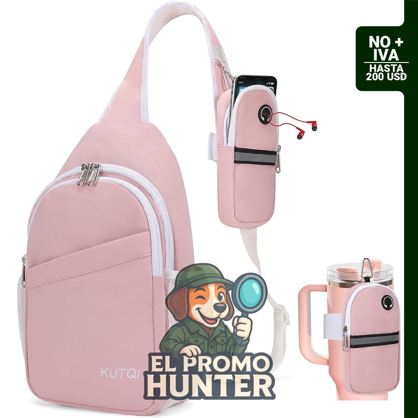 Mochila cruzada con bolsa desmontable para teléfono, adecuada para viajes y actividades al aire libre.