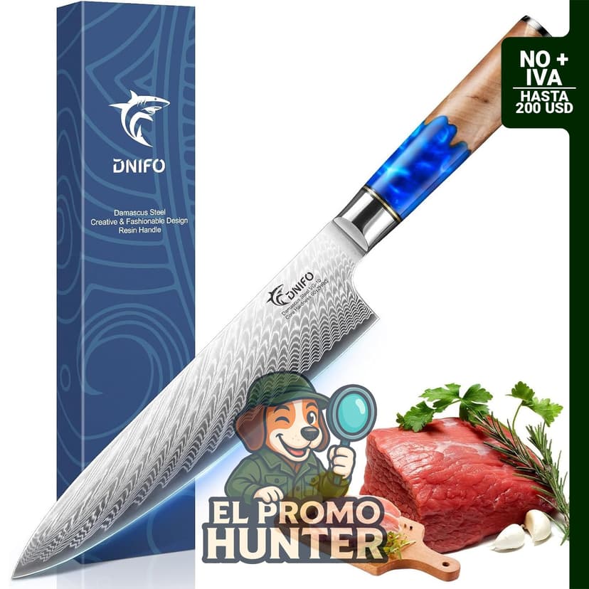 Cuchillo de chef de Damasco de 8" (20.3 cm) con acero de Damasco de 67 capas y núcleo VG10, mango de madera de abedul.