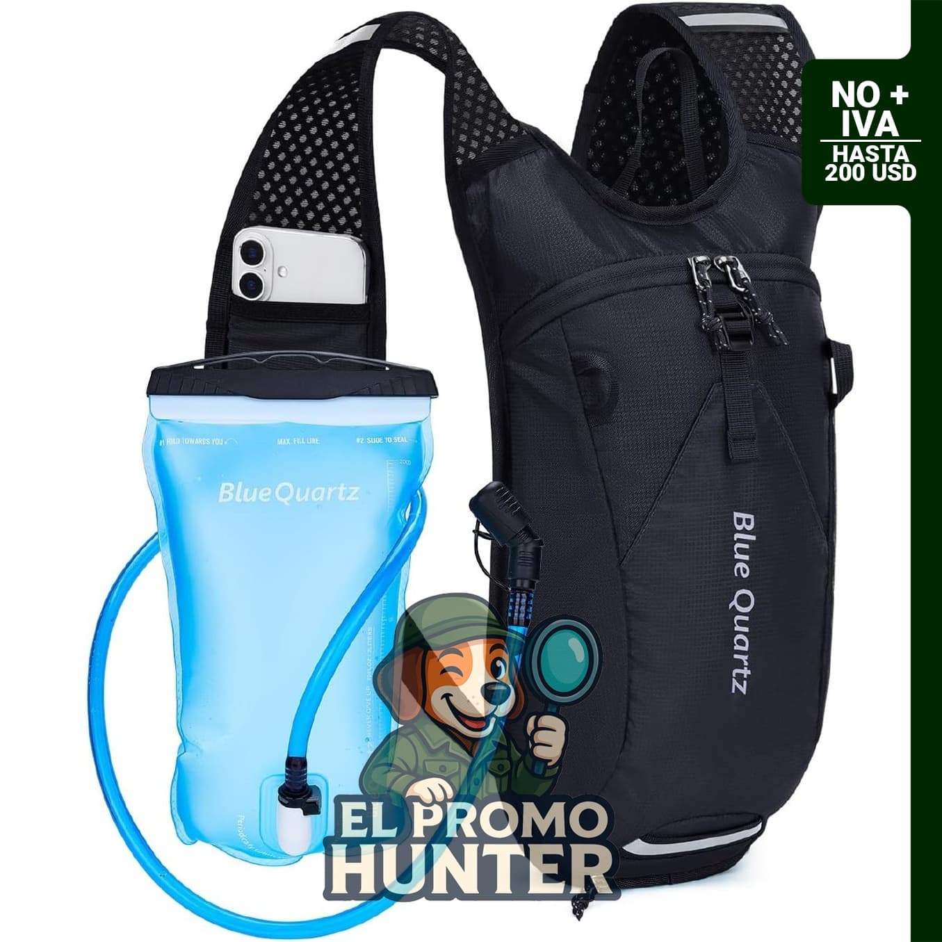 Mochila de hidratación Blue Quartz con bolsa de agua de 2L, diseñada para actividades al aire libre.