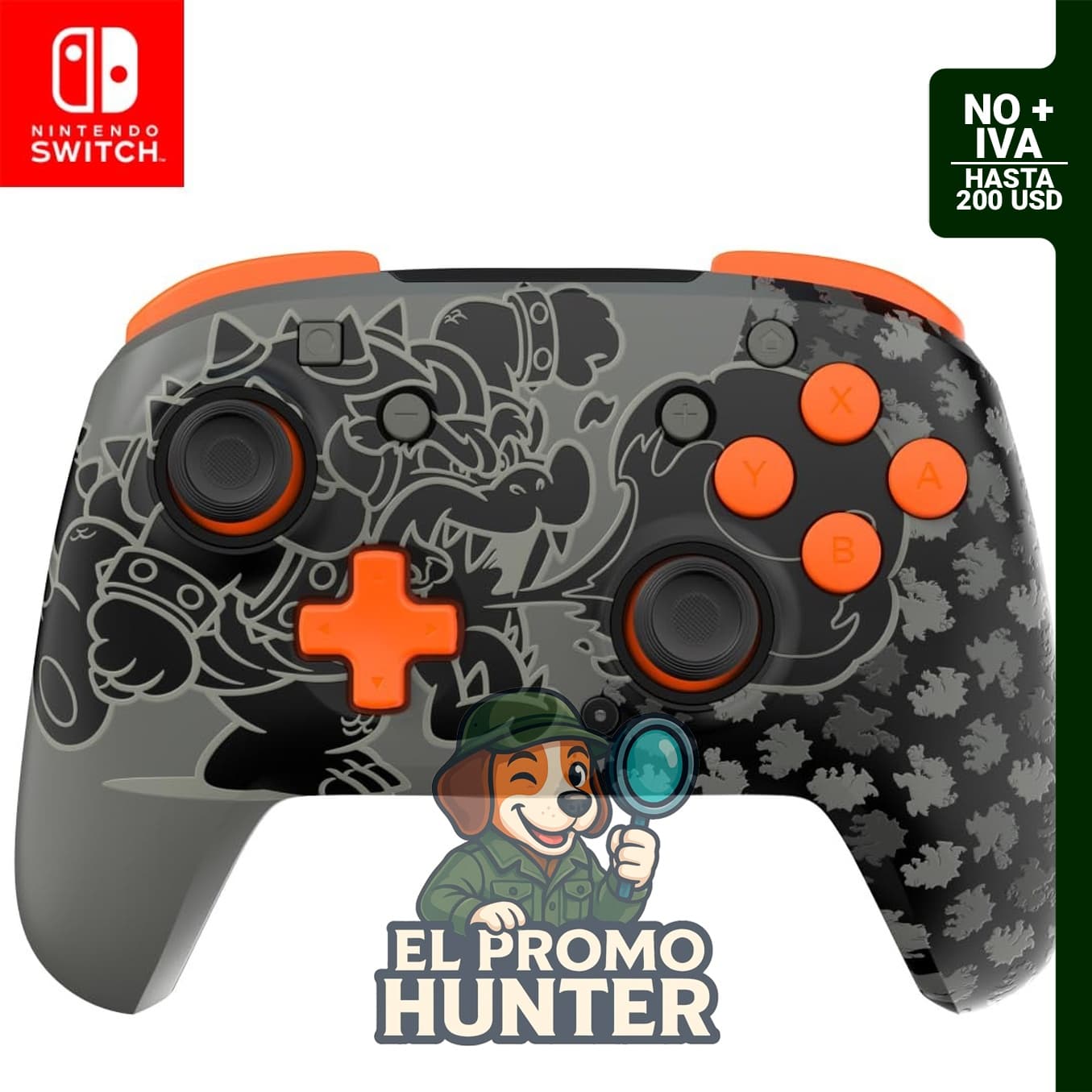 PDP REMATCH GLOW Wireless Nintendo Switch Pro Controller, controles de movimiento completos, batería recargable, color Glow in the Dark: Blackout Bowser.