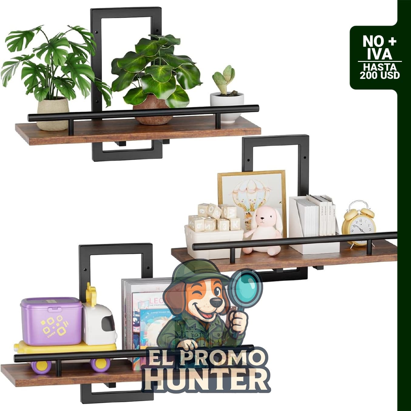 Estantes flotantes para pared, ideales para plantas de interior y decoración en diversos espacios.