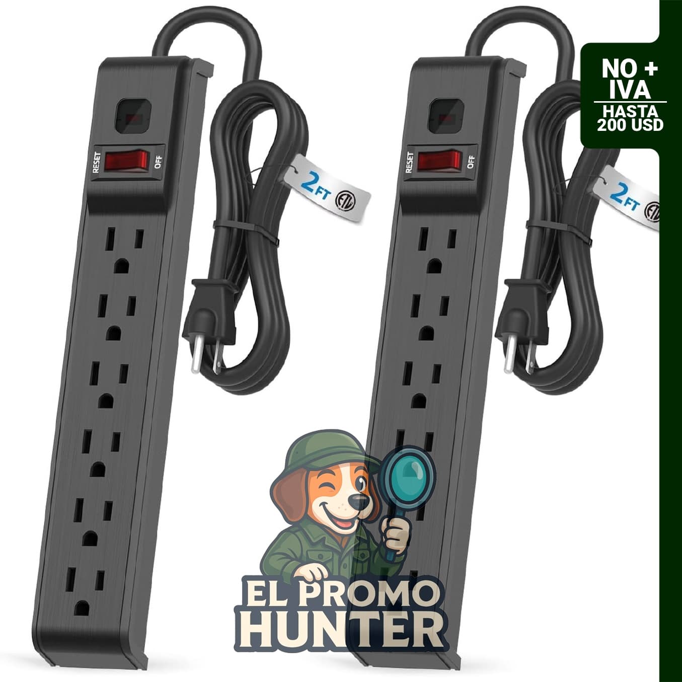 Regleta protectora Flexoria de 6 tomas, cable de extensión de 2 pies (61 cm), 600J, 15A/1875W.