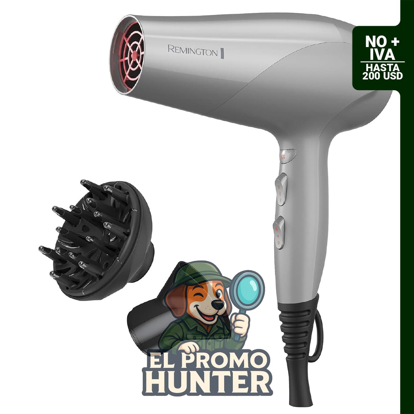 Secador de pelo Remington con tecnología de cerámica iónica y turmalina, incluye difusor y concentrador.