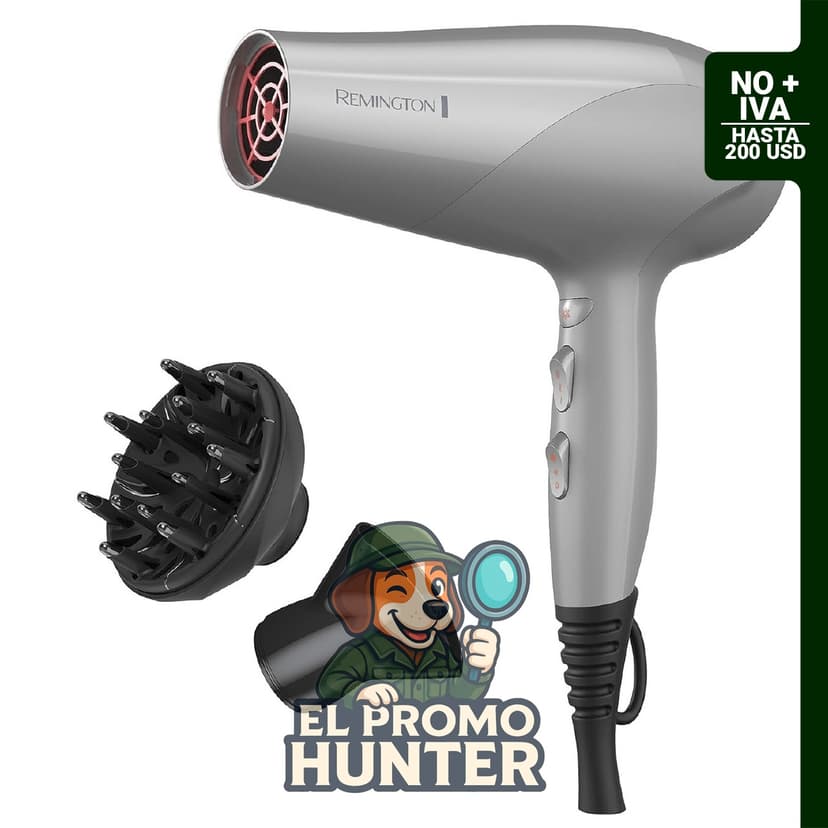 Secador de pelo Remington con tecnología de cerámica iónica y turmalina, incluye difusor y concentrador.