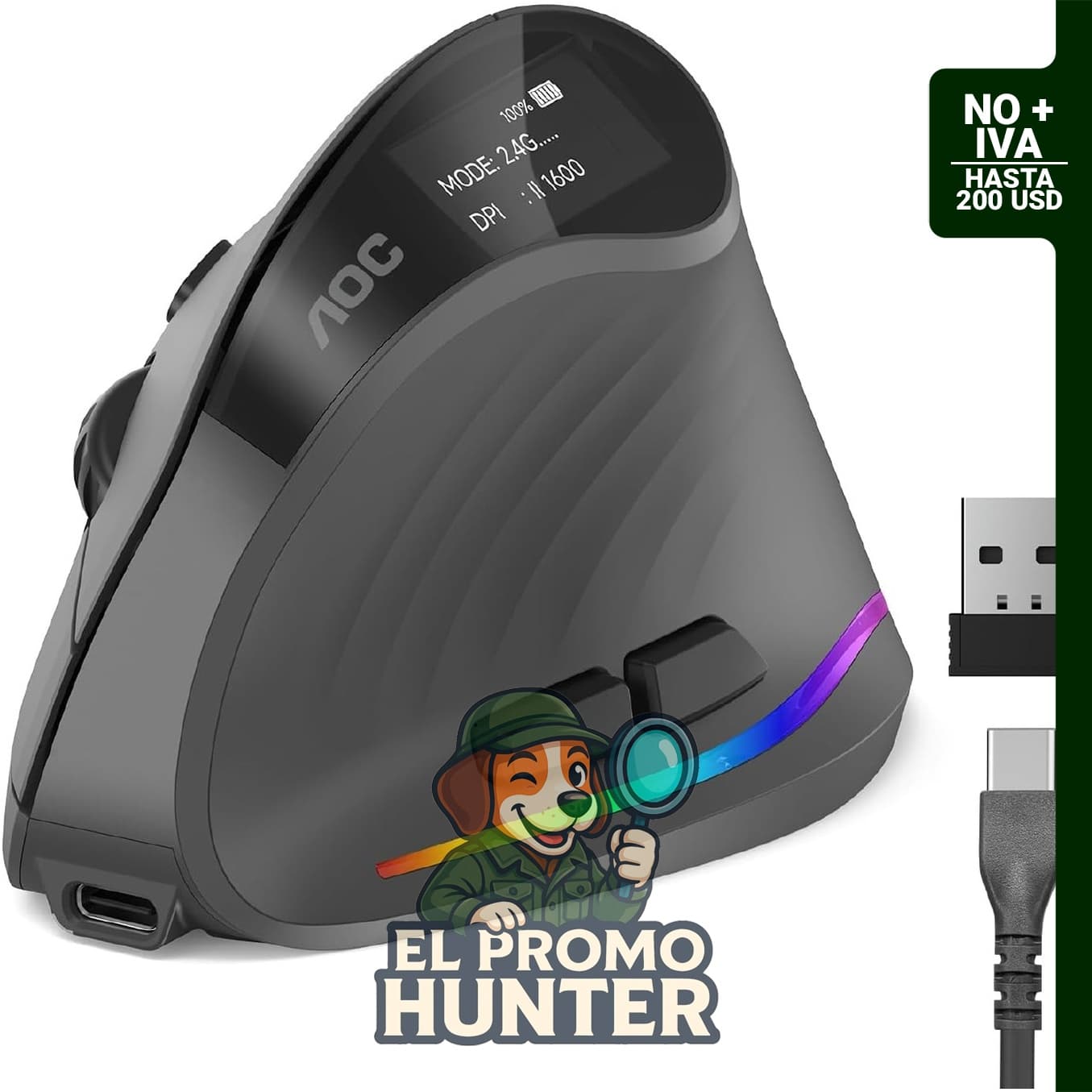 AOC Ratón vertical inalámbrico Bluetooth de 2,4 GHz.