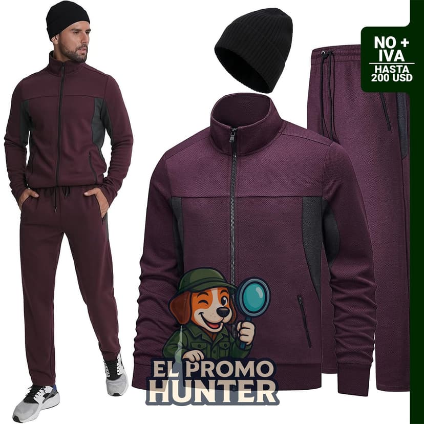 Conjunto de 3 piezas de chándales deportivos para hombre con cremallera completa y gorra de tejido.