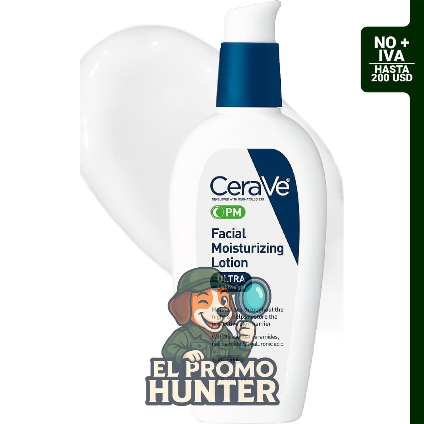 CeraVe PM Loción hidratante facial, crema de noche con ácido hialurónico y niacinamida, 85 g