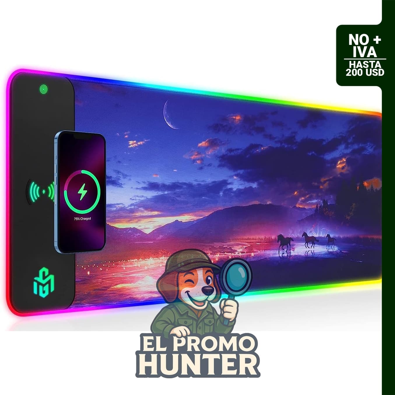 Alfombrilla de ratón GIM para juegos con carga inalámbrica RGB de 15W, tamaño 800 x 300 x 4 mm, con 10 modos de luz.