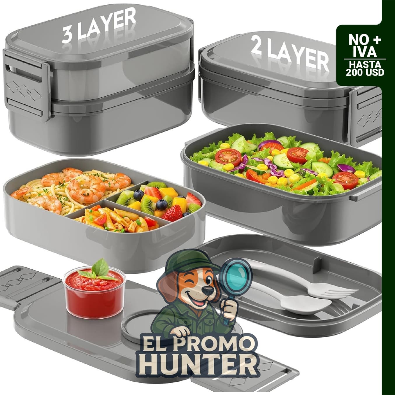 BiuLeon Lonchera Bento Box, contenedor de almuerzo de 65 oz (1.9 L), ajustable a 2/3 niveles, sin BPA.