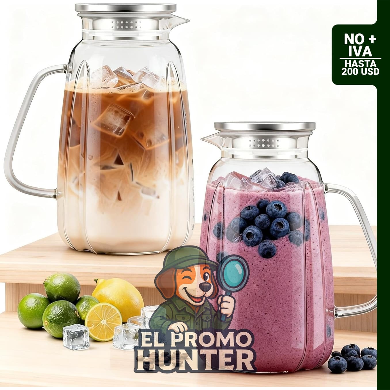 Paquete de 2 jarras de vidrio de 2 litros con tapa y asa, aptas para bebidas calientes y frías.
