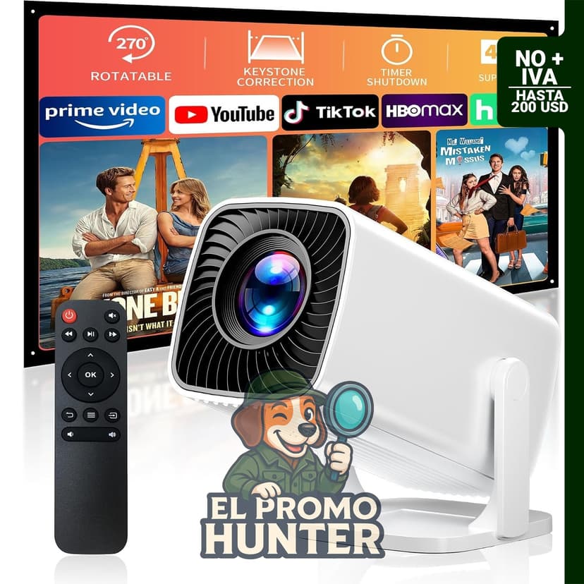 Mini proyector portátil 4K, compatible con Full HD 1080P, rotación de 270°, conexiones HDMI y USB.